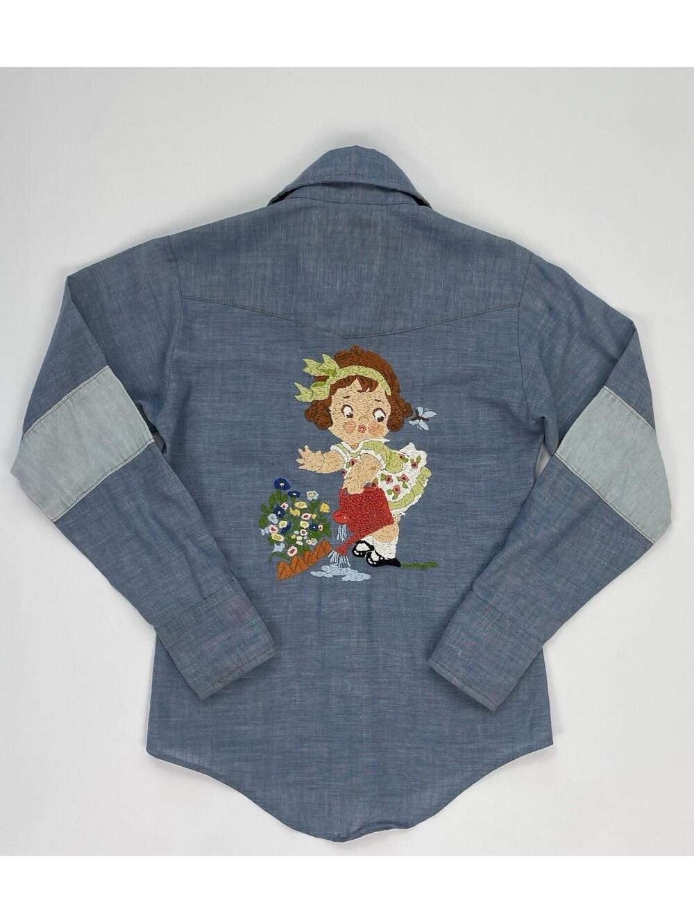 Vintage 70s Hand Embroidered Wrangler Girls Western Shirt Chambray Youth Size 8